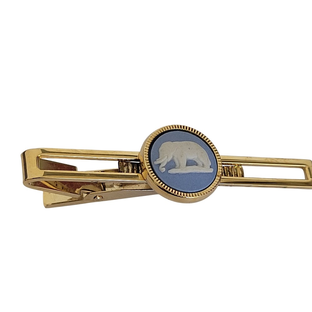 Wedgwood Vintage Blue Jasperware Elephant Tie Clip Gold Tone Made in England